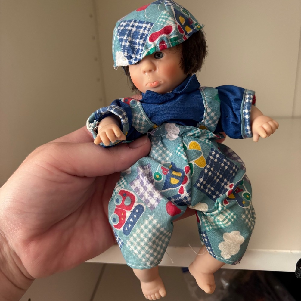 Vintage Miniature Pouting Baby Doll Blue Patchwork Outfit Hat Crying Face
